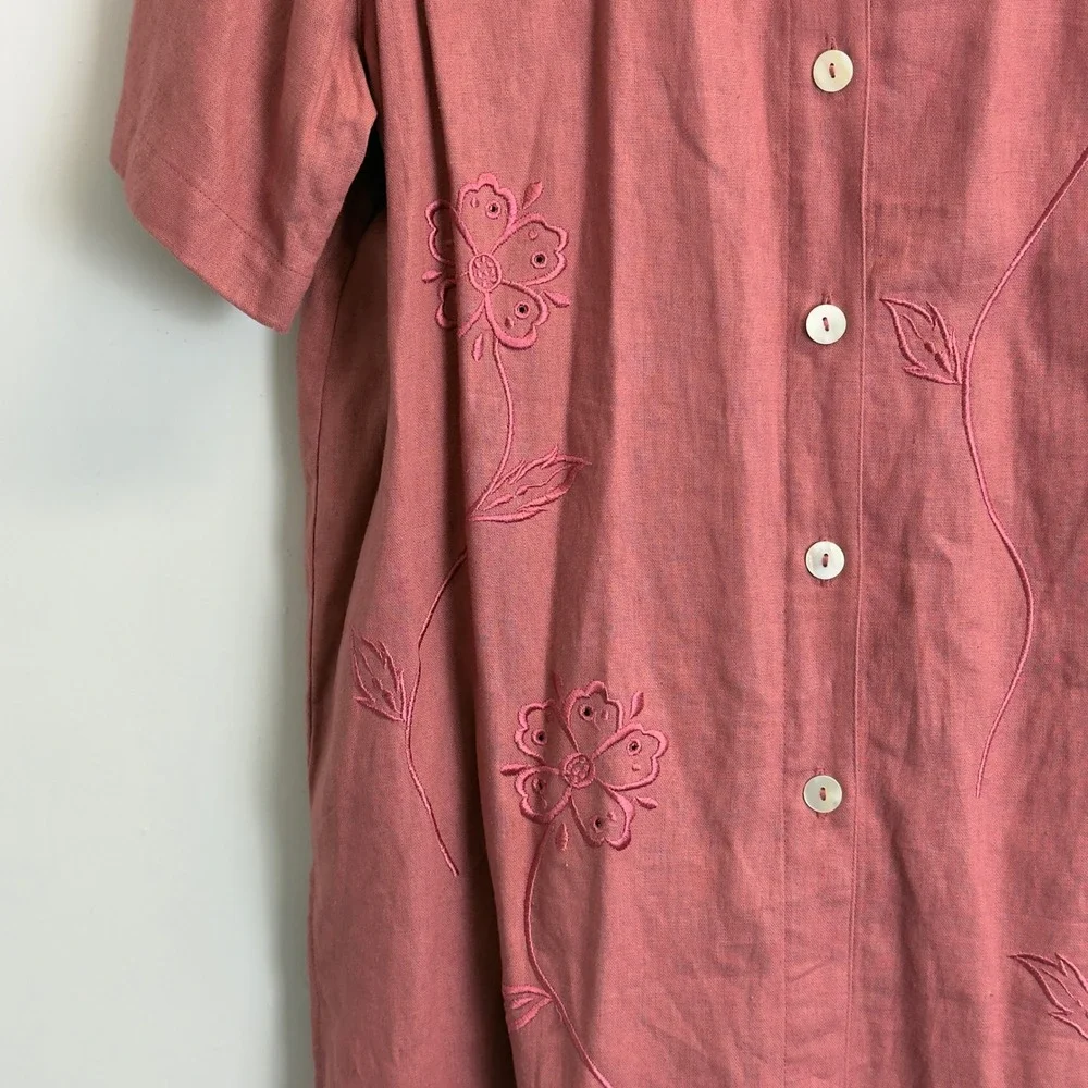 Requirements Womens Dusty Rose Linen Blend Floral Embroidered 2 Piece Pant Set M